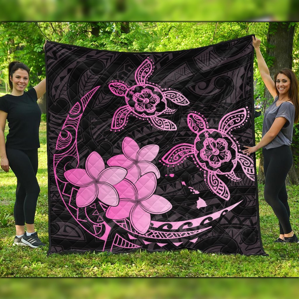 Hawaii Polynesian Turtle Plumeria Premium Quilts - Pog Style Pink - AH Black - Polynesian Pride