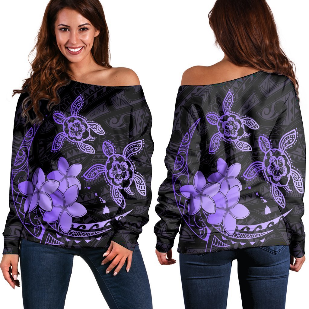 Hawaii Polynesian Turtle Plumeria Women's Off Shoulder Sweater - Pog Style Purple - AH Black - Polynesian Pride