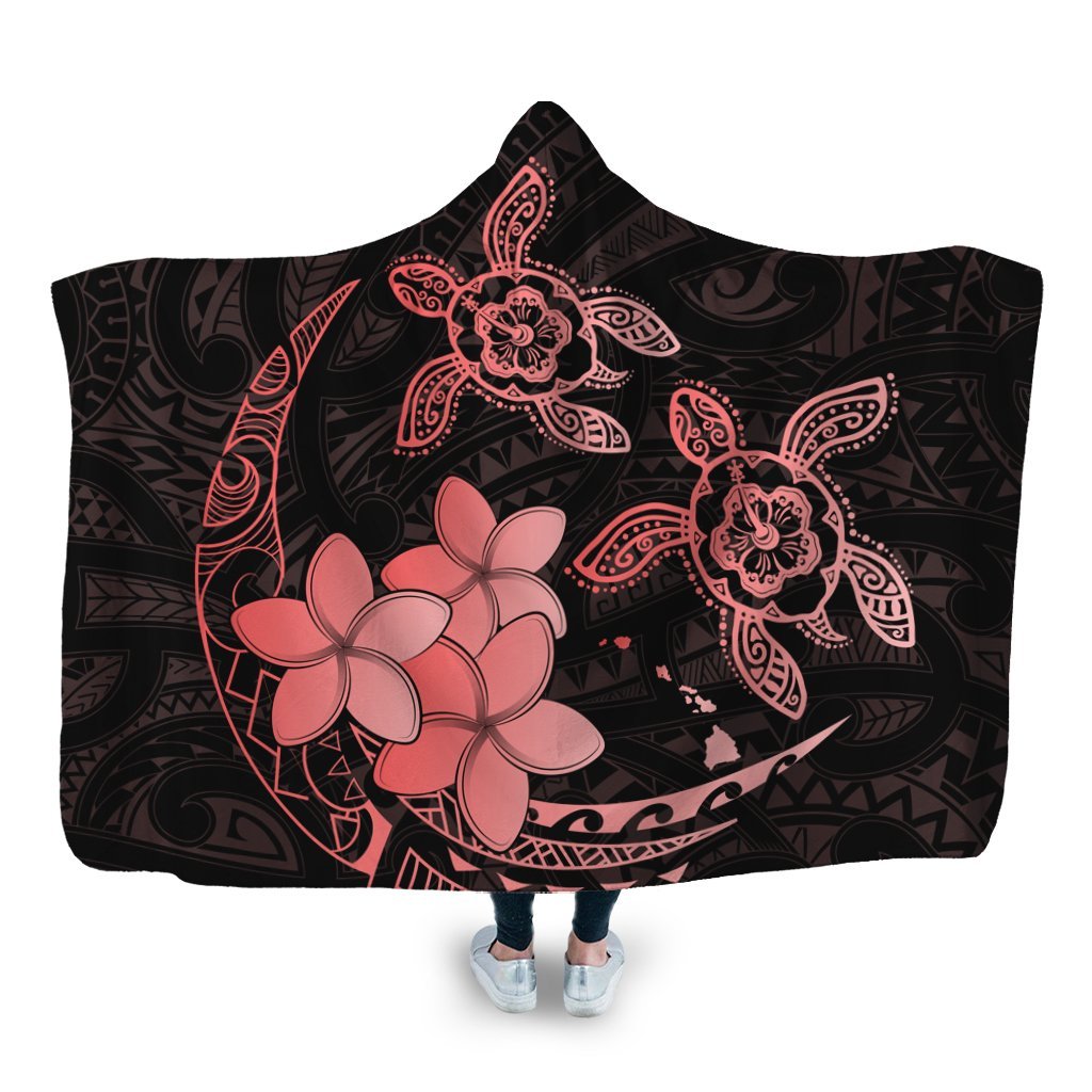 Hawaii Polynesian Turtle Plumeria Hooded Blanket - Pog Style Red - AH Hooded Blanket White - Polynesian Pride