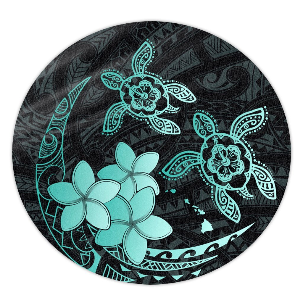 Hawaii Polynesian Turtle Plumeria Round Carpet - Pog Style Turquoise - AH Round Carpet Luxurious Plush - Polynesian Pride