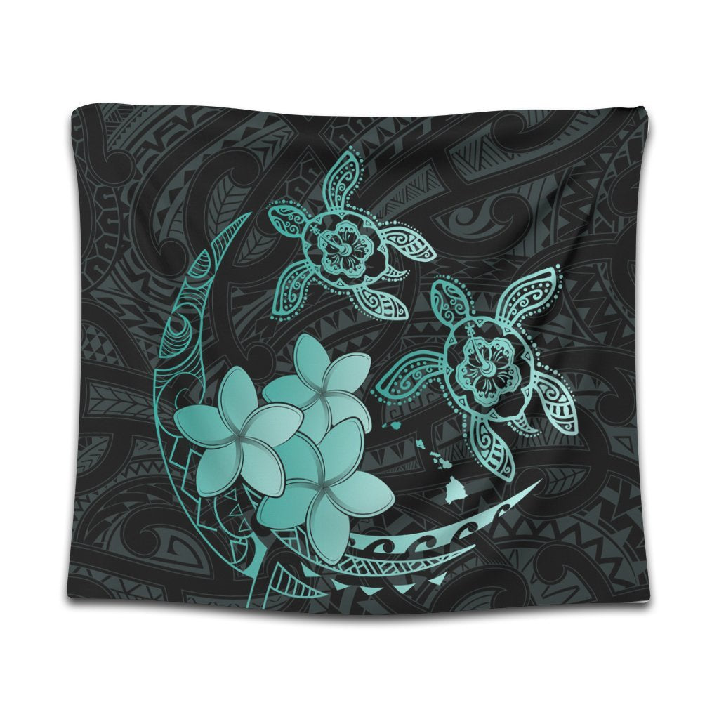 Hawaii Polynesian Turtle Plumeria Tapestry - Pog Style Turquoise - AH Wall Tapestry Black - Polynesian Pride