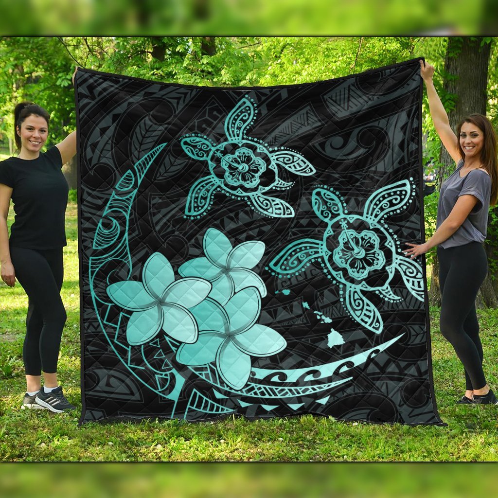 Hawaii Polynesian Turtle Plumeria Premium Quilts - Pog Style Turquoise - AH Black - Polynesian Pride