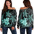 Hawaii Polynesian Turtle Plumeria Women's Off Shoulder Sweater - Pog Style Turquoise - AH Black - Polynesian Pride