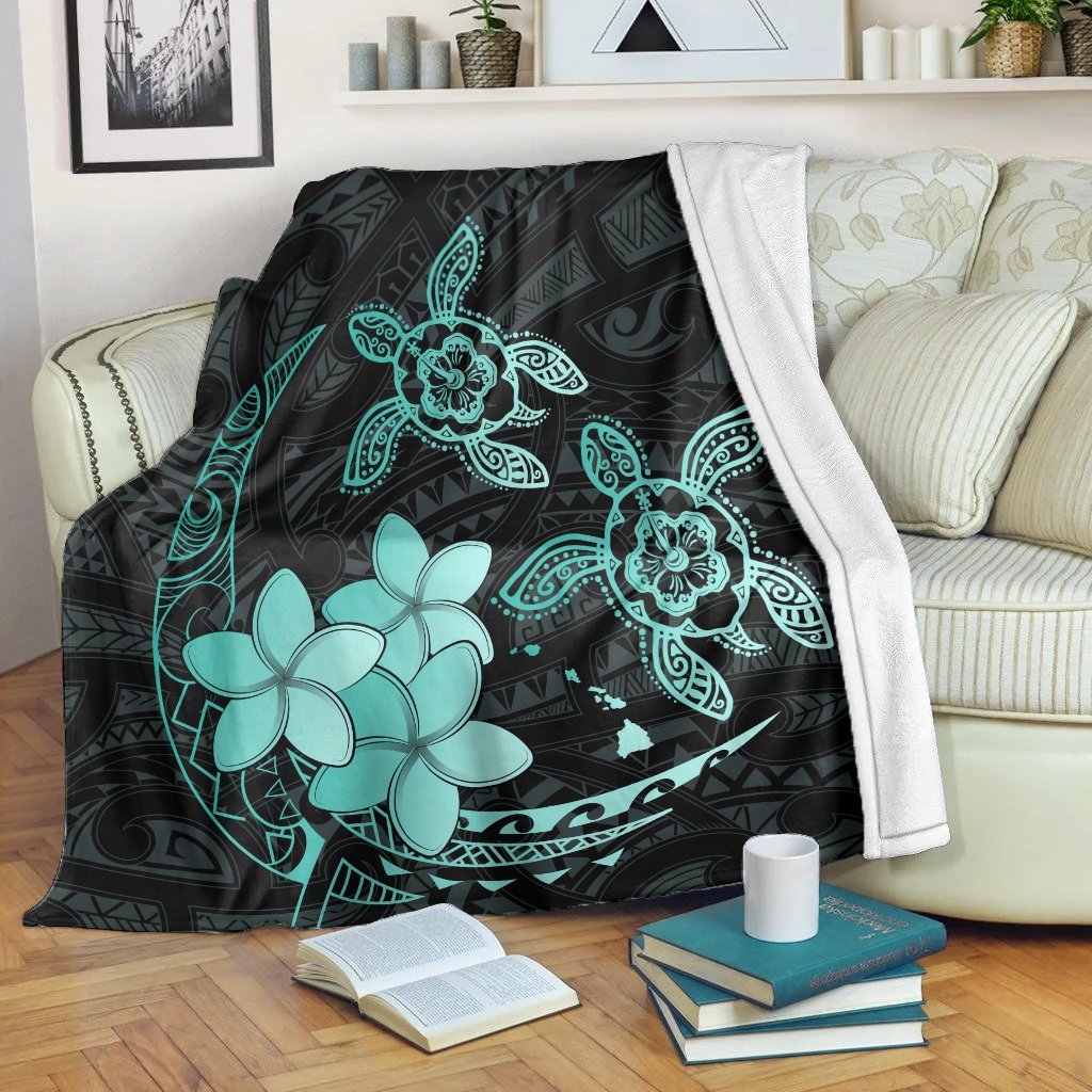 Hawaii Polynesian Turtle Plumeria Premium Blankets - Pog Style Turquoise - AH White - Polynesian Pride