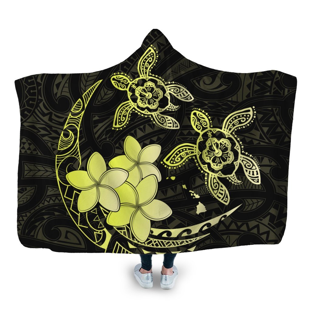 Hawaii Polynesian Turtle Plumeria Hooded Blanket - Pog Style Yellow - AH Hooded Blanket White - Polynesian Pride