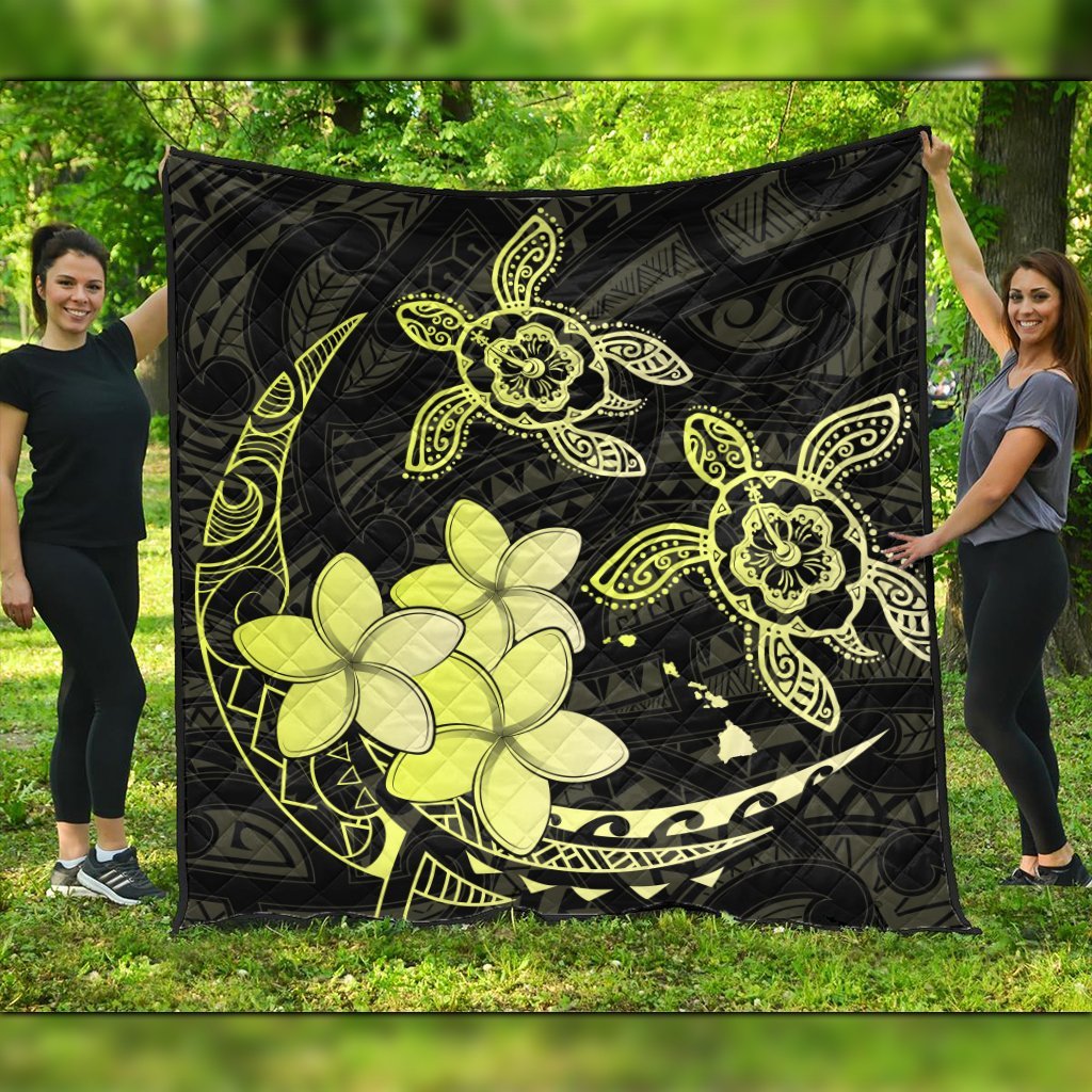 Hawaii Polynesian Turtle Plumeria Premium Quilts - Pog Style Yellow - AH Black - Polynesian Pride