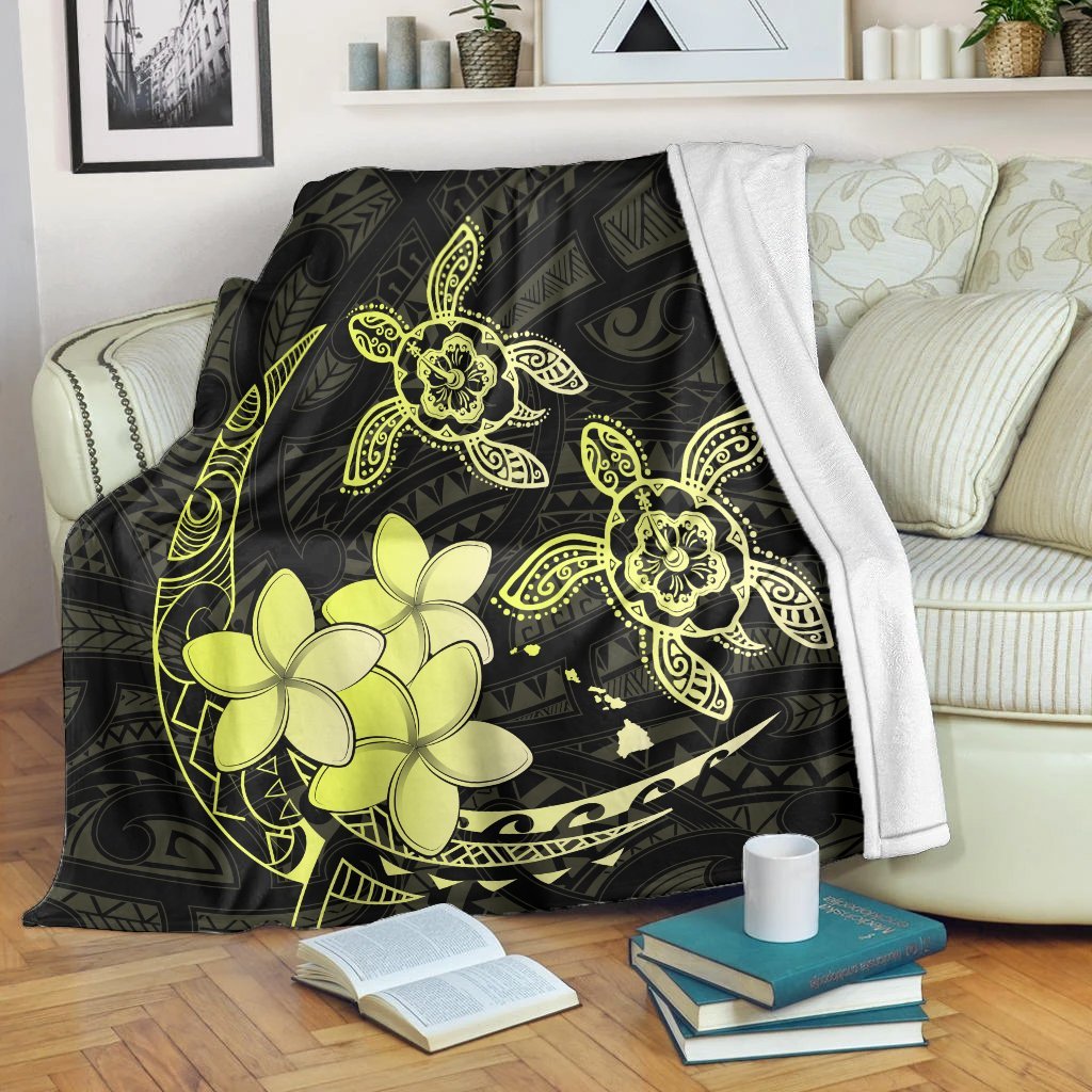 Hawaii Polynesian Turtle Plumeria Premium Blankets - Pog Style Yellow - AH White - Polynesian Pride