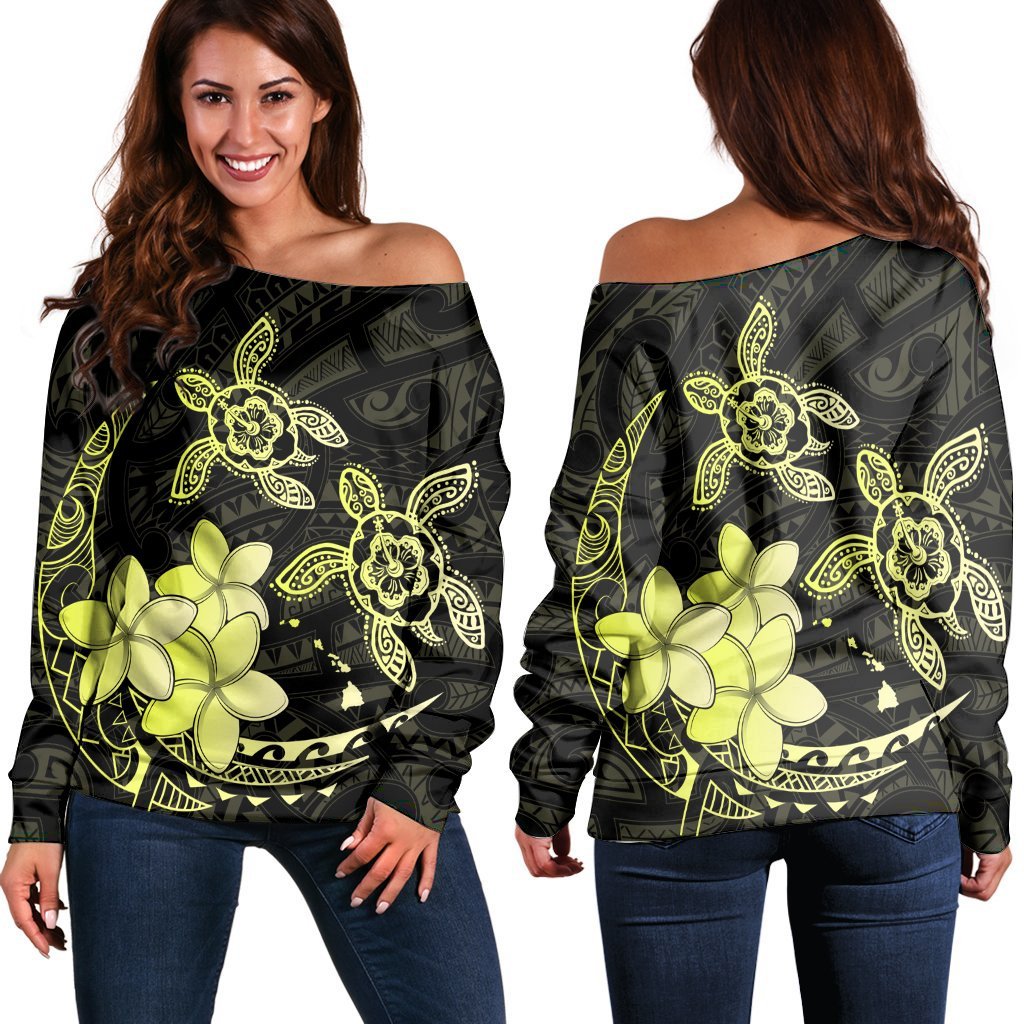 Hawaii Polynesian Turtle Plumeria Women's Off Shoulder Sweater - Pog Style Yellow - AH Black - Polynesian Pride