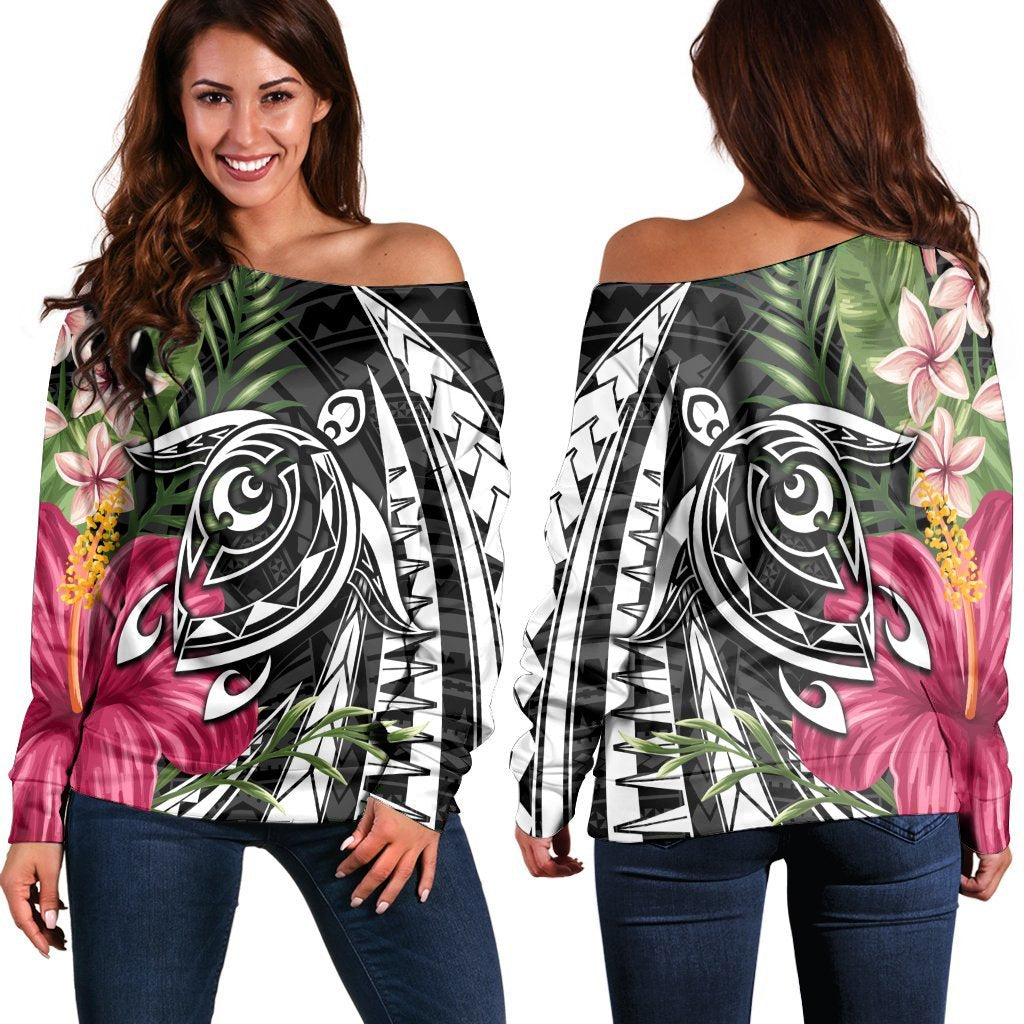 Hawaii Polynesian Turtle Tropical Hibiscus Plumeria Women's Off Shoulder Sweater - AH Black - Polynesian Pride