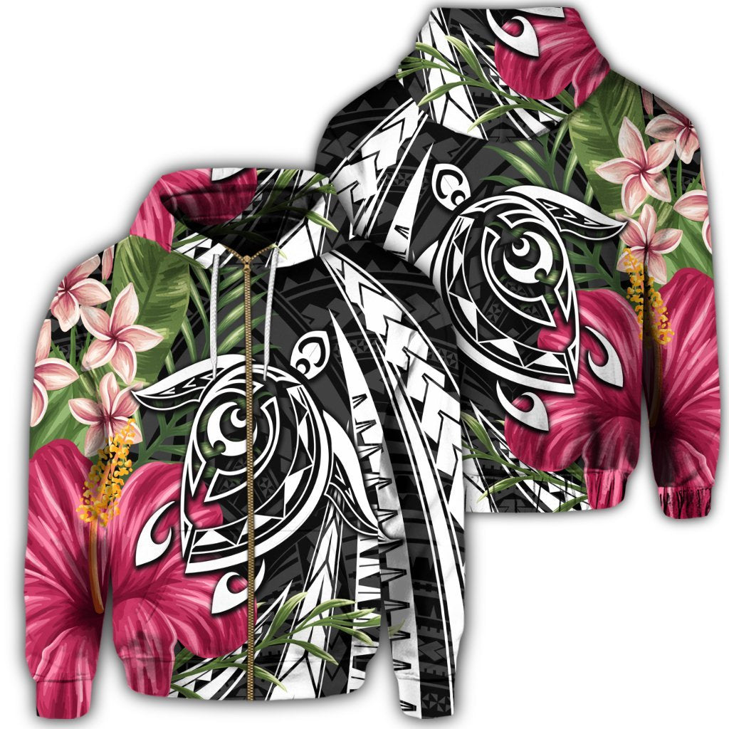 Hawaii Zip Hoodie Polynesian Turtle Tropical Hibiscus Plumeria Unisex Art - Polynesian Pride