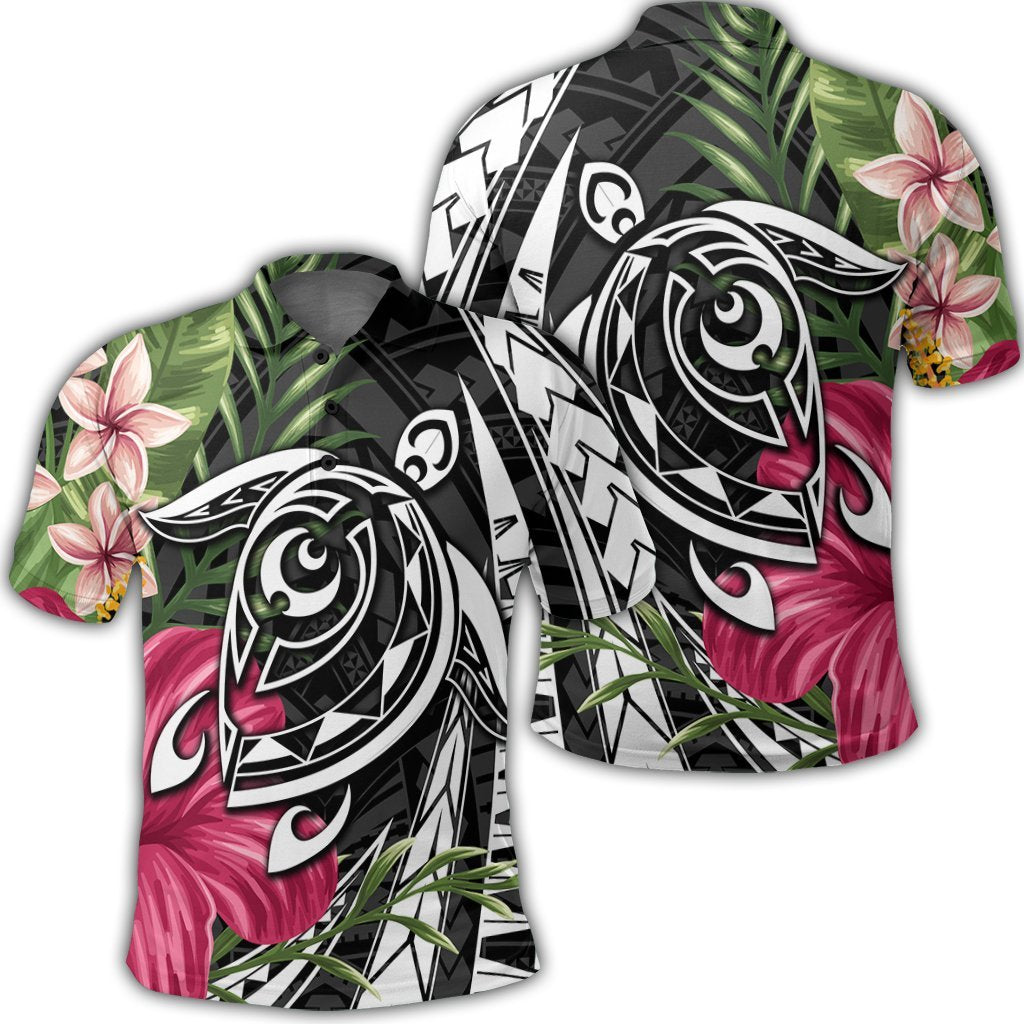 Hawaii Polynesian Turtle Tropical Hibiscus Plumeria Polo Shirt Unisex Black - Polynesian Pride