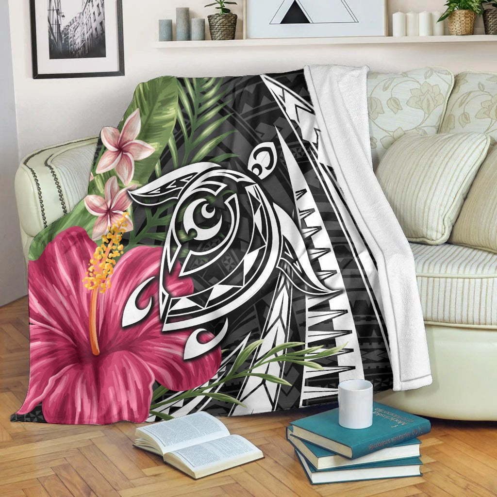 Hawaii Polynesian Turtle Tropical Hibiscus Plumeria Premium Blankets - AH White - Polynesian Pride