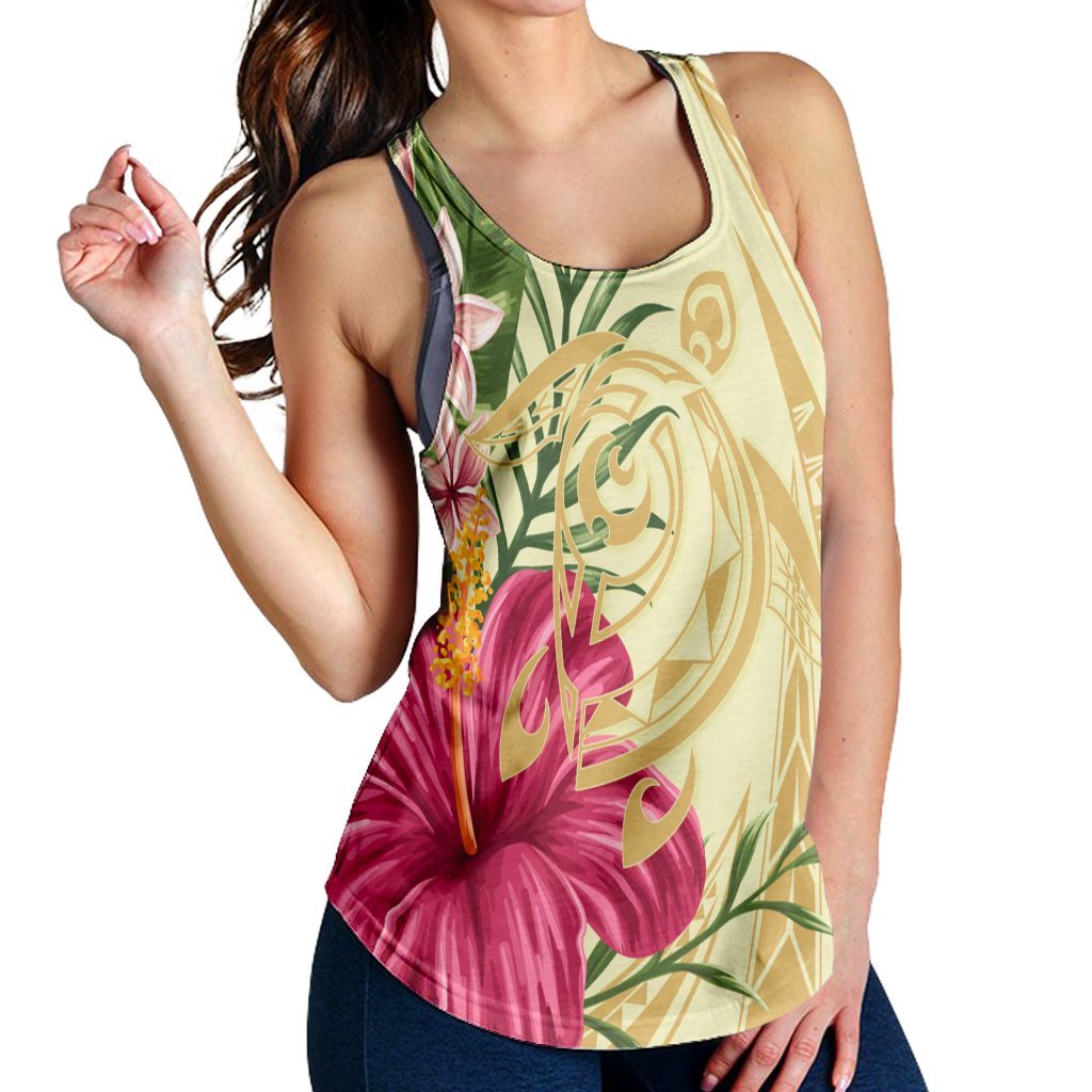 Hawaii Polynesian Turtle Tropical Hibiscus Plumeria Racerback Tank - Beige - AH - Polynesian Pride