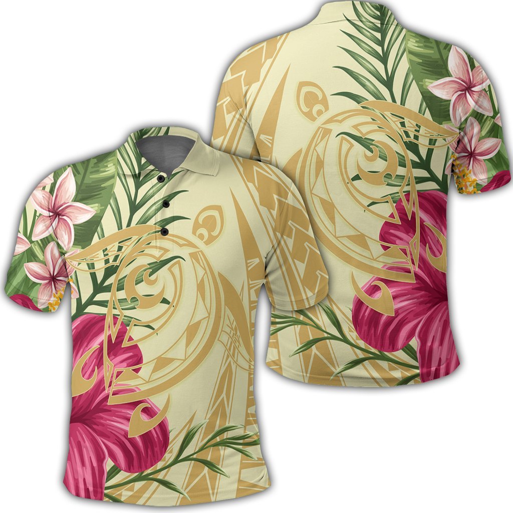 Hawaii Polynesian Turtle Tropical Hibiscus Plumeria Polo Shirt Beige Unisex Black - Polynesian Pride