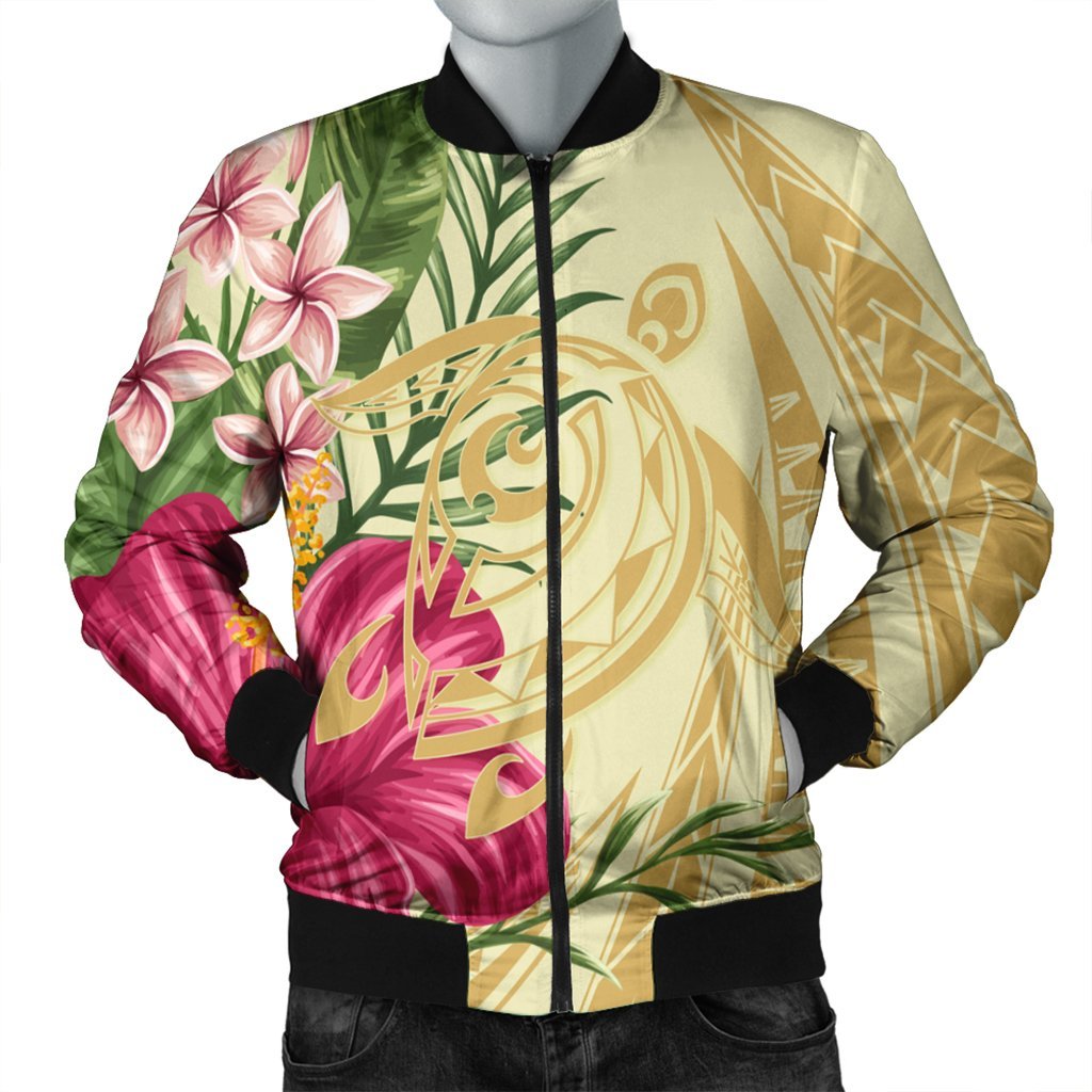 Hawaii Polynesian Turtle Tropical Hibiscus Plumeria Bomber Jacket - Beige - AH Black Unisex - Polynesian Pride