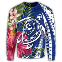Hawaii Polynesian Turtle Tropical Hibiscus Plumeria Sweatshirt - Blue - AH - Polynesian Pride