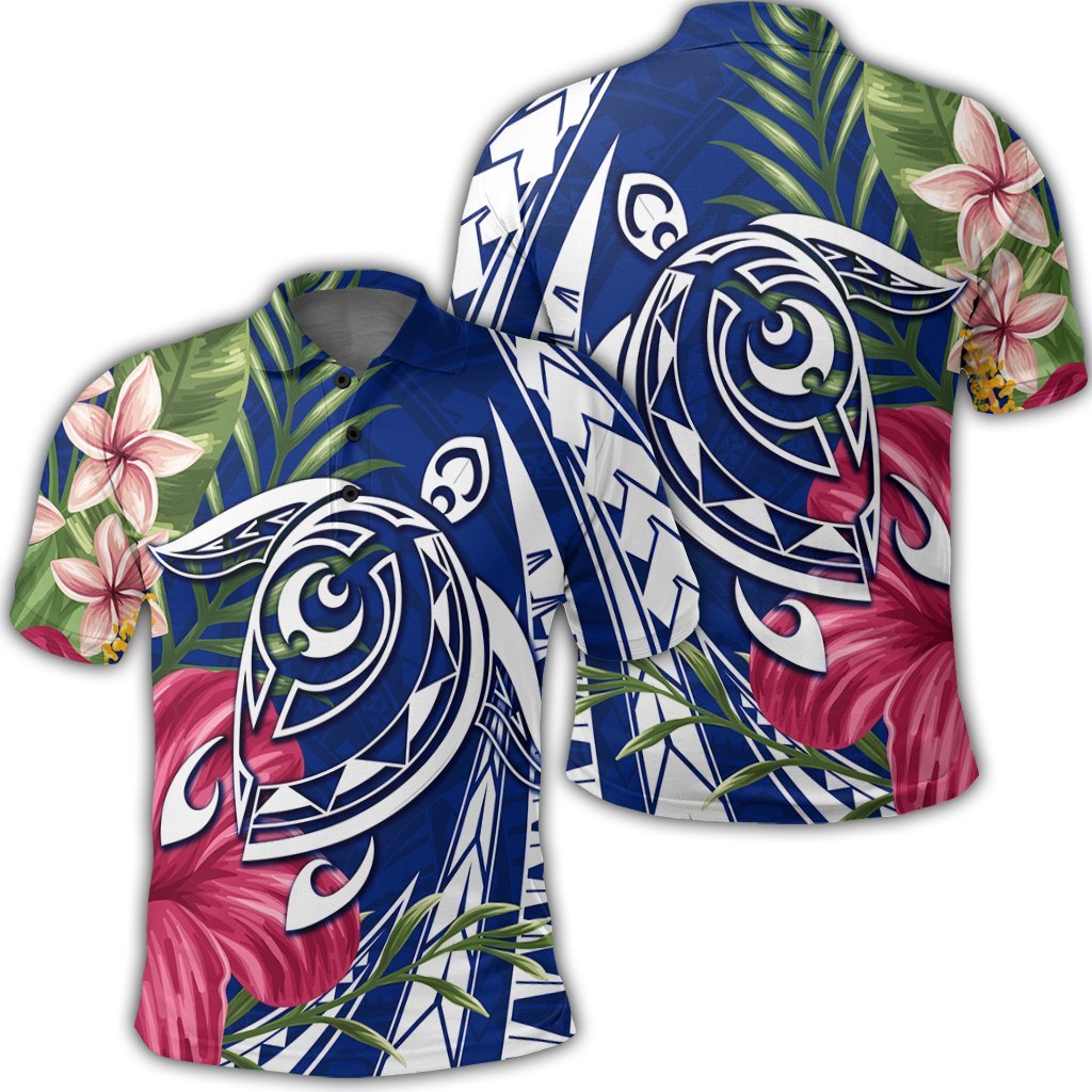 Hawaii Polynesian Turtle Tropical Hibiscus Plumeria Polo Shirt Blue Unisex Black - Polynesian Pride