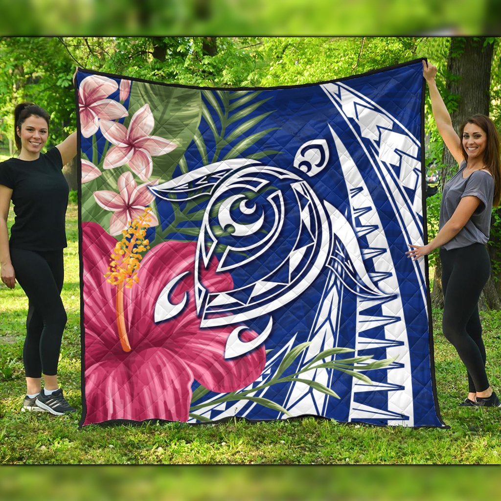 Hawaii Polynesian Turtle Tropical Hibiscus Plumeria Premium Quilts - Blue - AH Black - Polynesian Pride