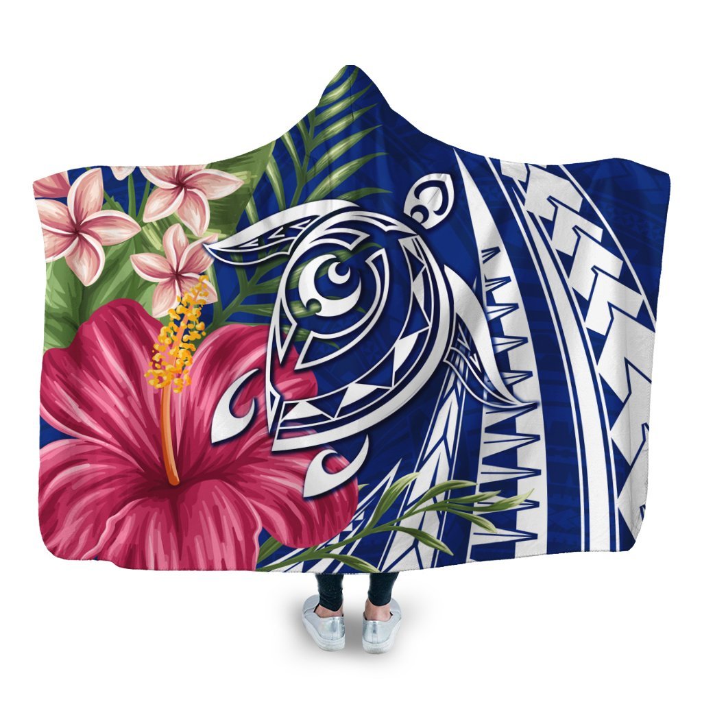 Hawaii Polynesian Turtle Tropical Hibiscus Plumeria Hooded Blanket - Blue - AH Hooded Blanket White - Polynesian Pride