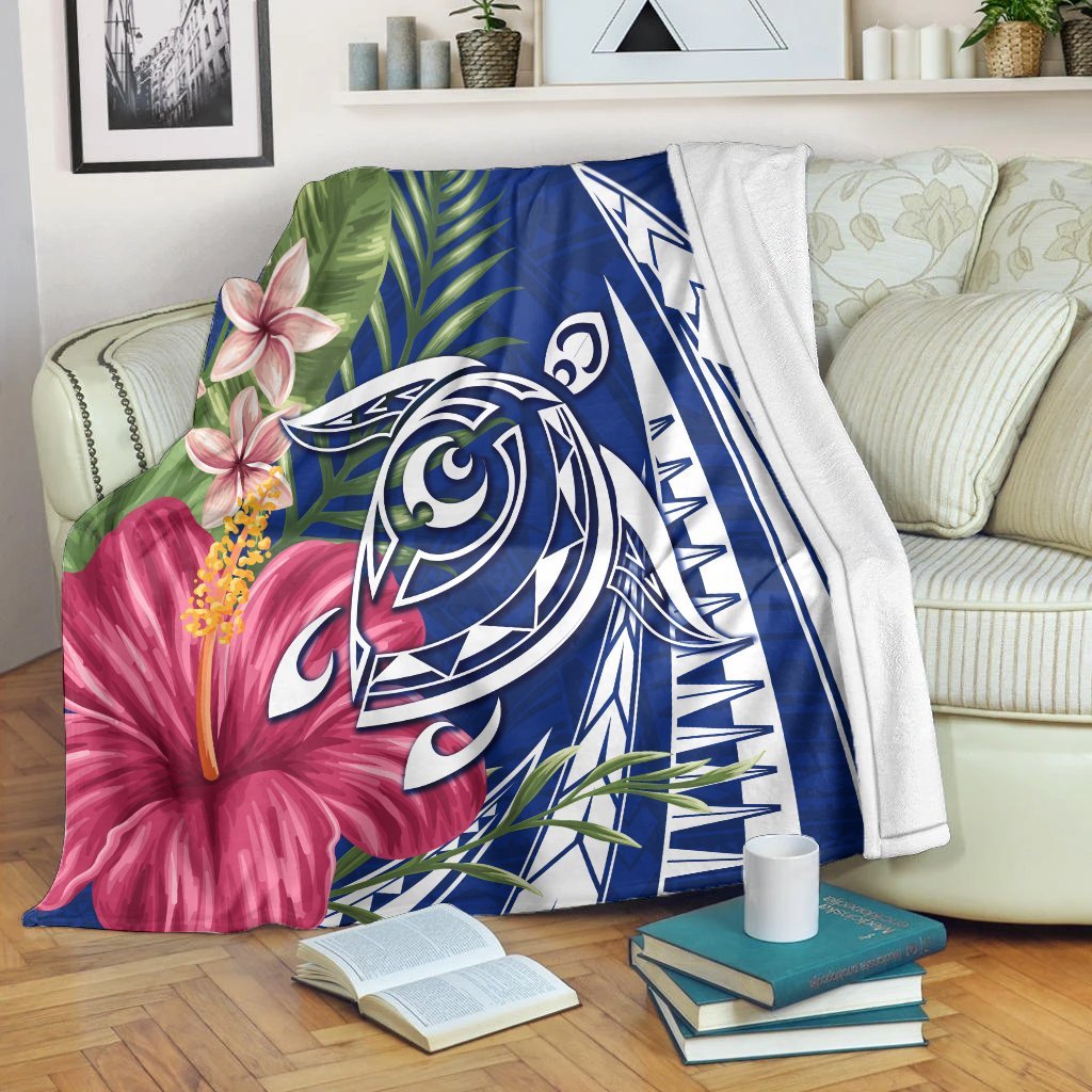 Hawaii Polynesian Turtle Tropical Hibiscus Plumeria Premium Blankets - Blue - AH White - Polynesian Pride