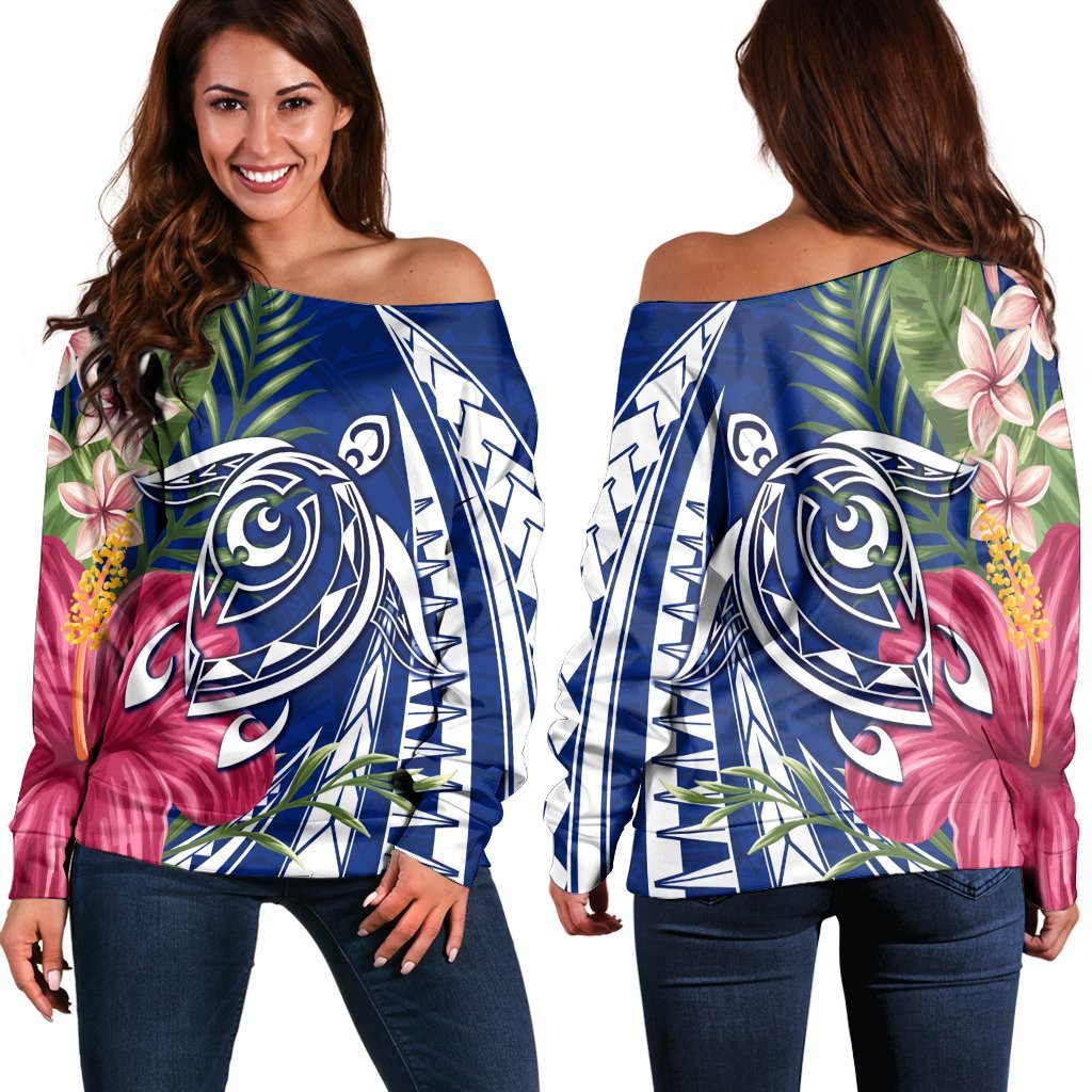 Hawaii Polynesian Turtle Tropical Hibiscus Plumeria Women's Off Shoulder Sweater - Blue - AH Black - Polynesian Pride