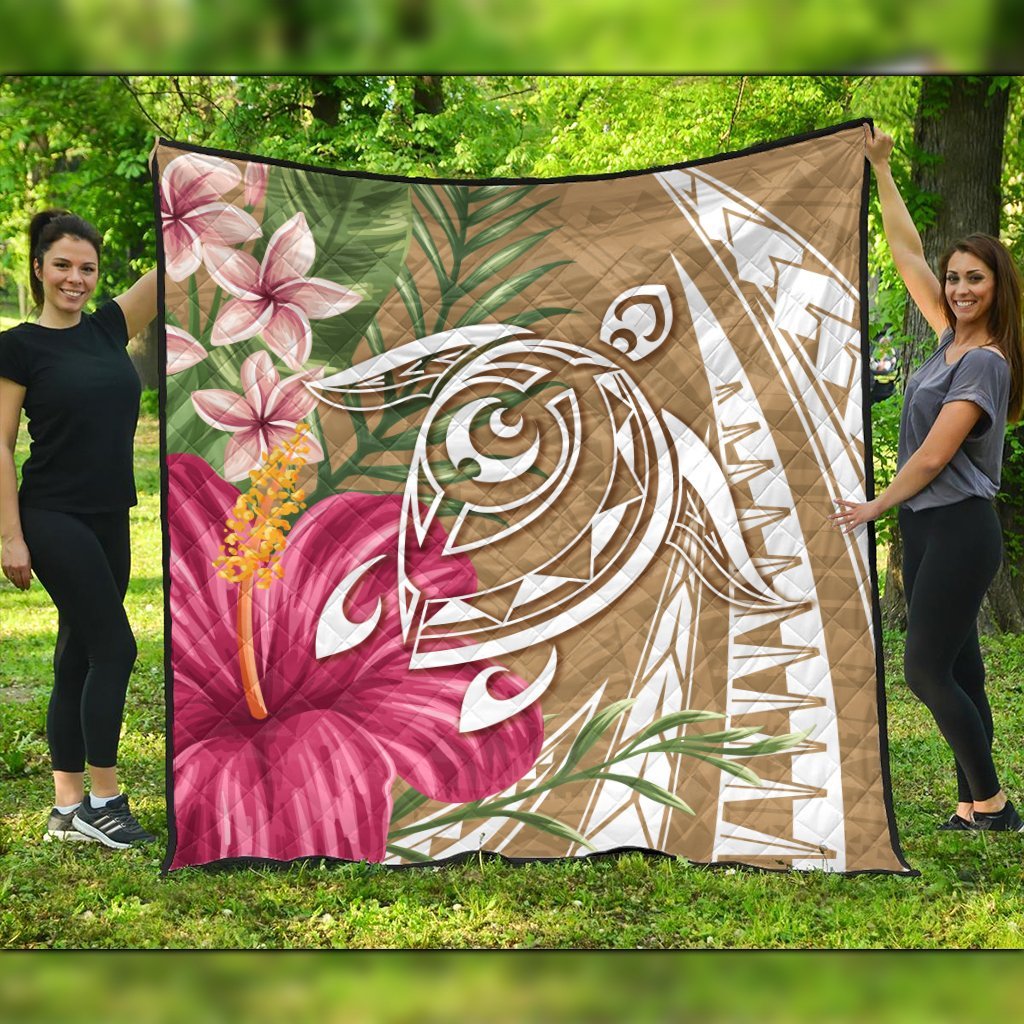 Hawaii Polynesian Turtle Tropical Hibiscus Plumeria Premium Quilts - Gold - AH Black - Polynesian Pride