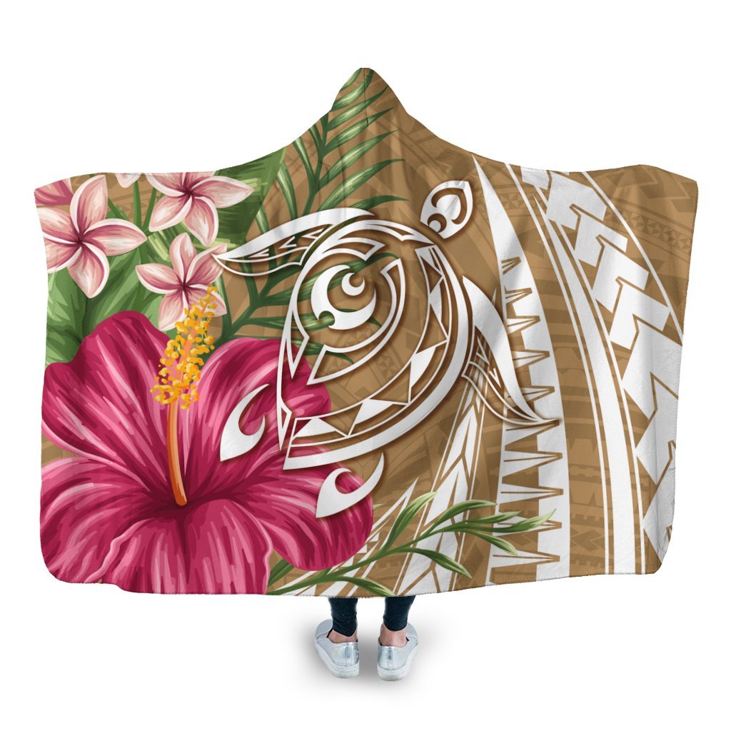 Hawaii Polynesian Turtle Tropical Hibiscus Plumeria Hooded Blanket - Gold - AH Hooded Blanket White - Polynesian Pride