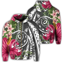 Hawaii Zip Hoodie Polynesian Turtle Tropical Hibiscus Plumeria Gray Unisex Art - Polynesian Pride