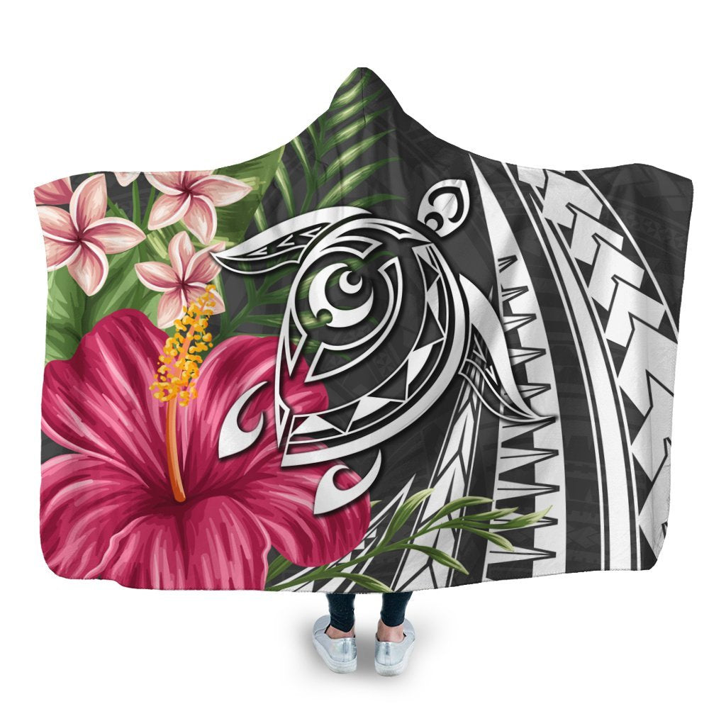 Hawaii Polynesian Turtle Tropical Hibiscus Plumeria Hooded Blanket - Gray - AH Hooded Blanket White - Polynesian Pride