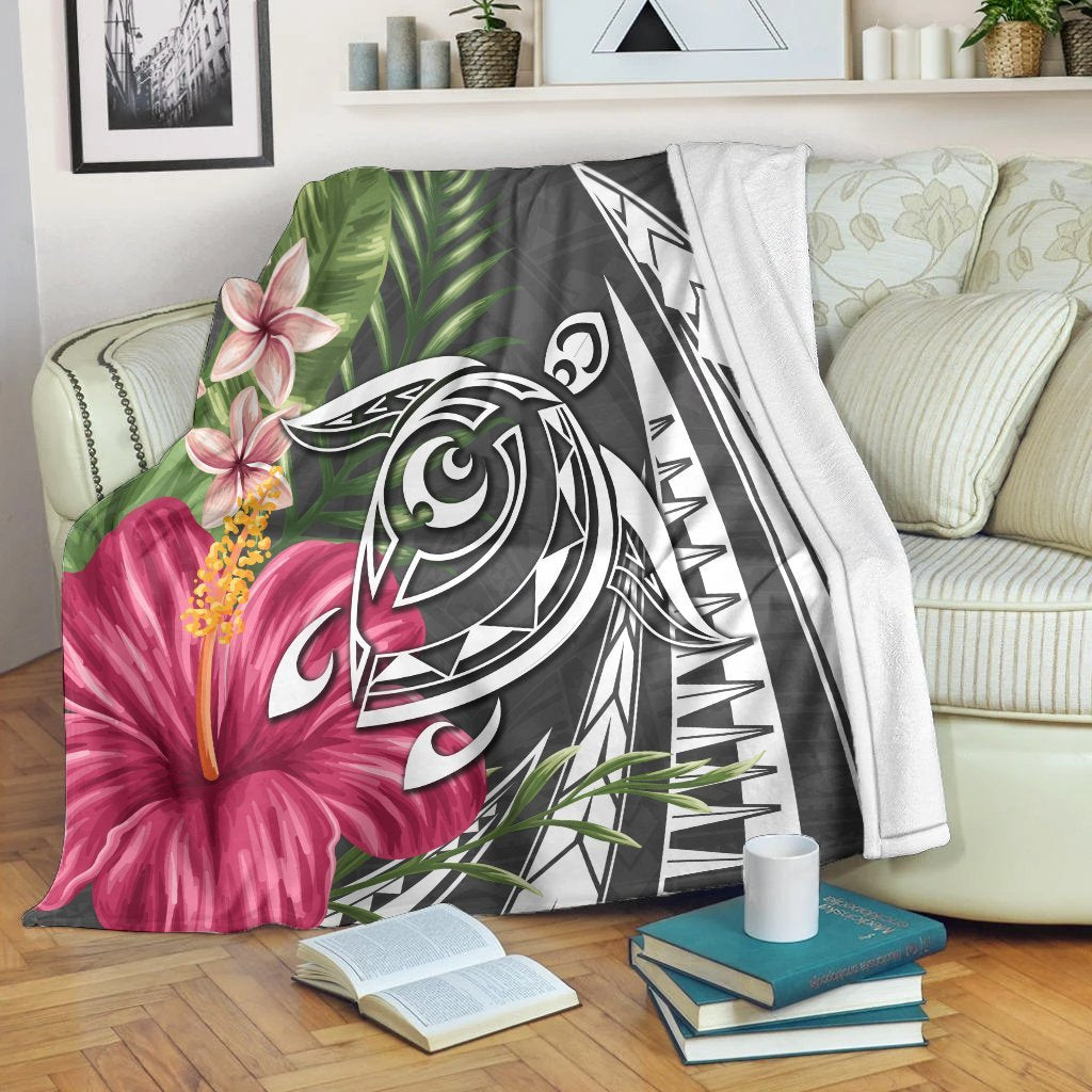 Hawaii Polynesian Turtle Tropical Hibiscus Plumeria Premium Blankets - Gray - AH White - Polynesian Pride