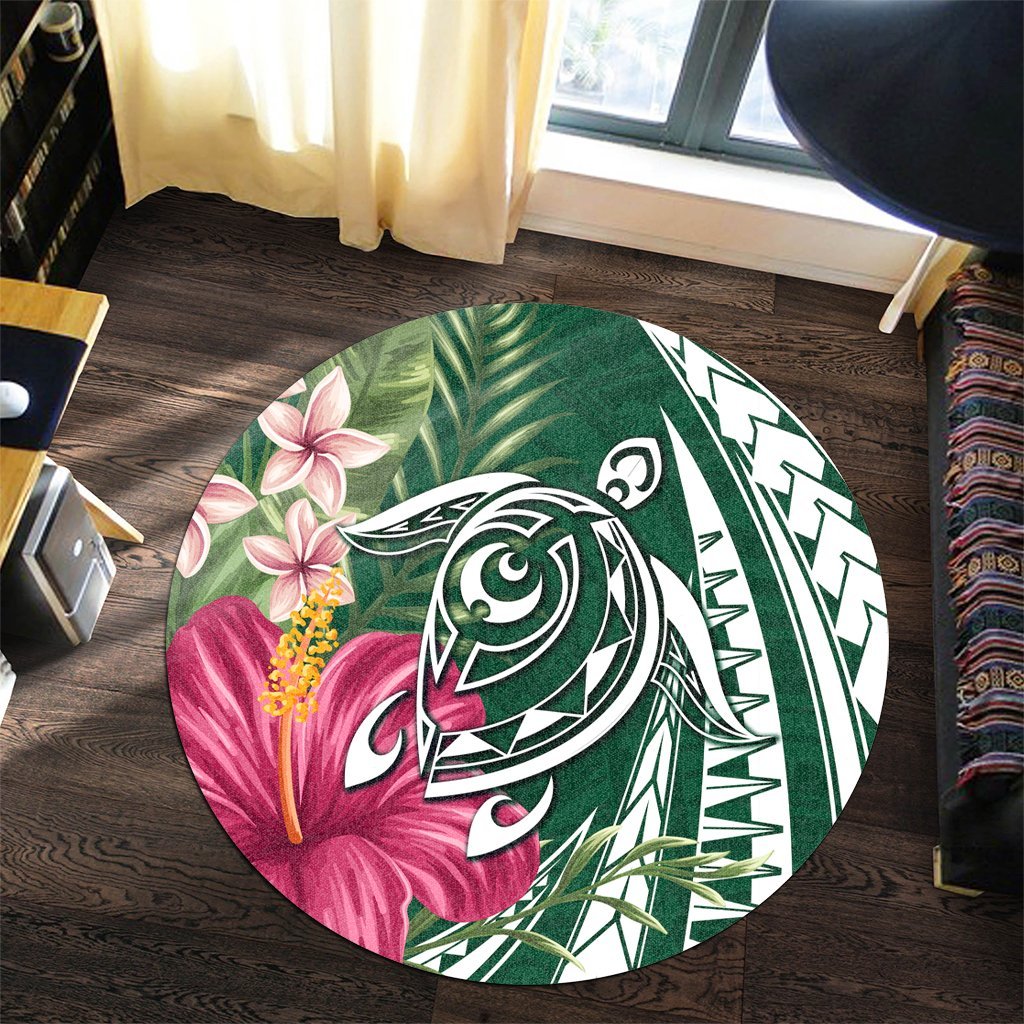 Hawaii Polynesian Turtle Tropical Hibiscus Plumeria Round Carpet - Green - AH - Polynesian Pride