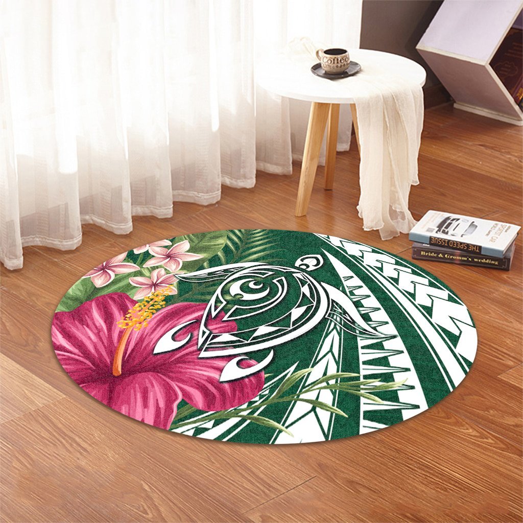 Hawaii Polynesian Turtle Tropical Hibiscus Plumeria Round Carpet - Green - AH - Polynesian Pride