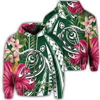 Hawaii Zip Hoodie Polynesian Turtle Tropical Hibiscus Plumeria Green Unisex Art - Polynesian Pride