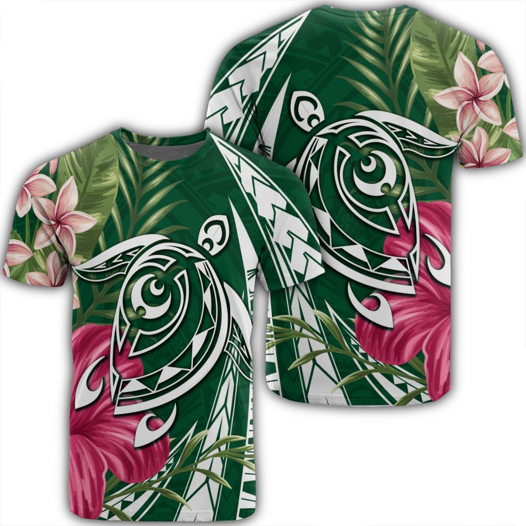 Hawaii Polynesian Turtle Tropical Hibiscus Plumeria T Shirt Green Unisex Black - Polynesian Pride