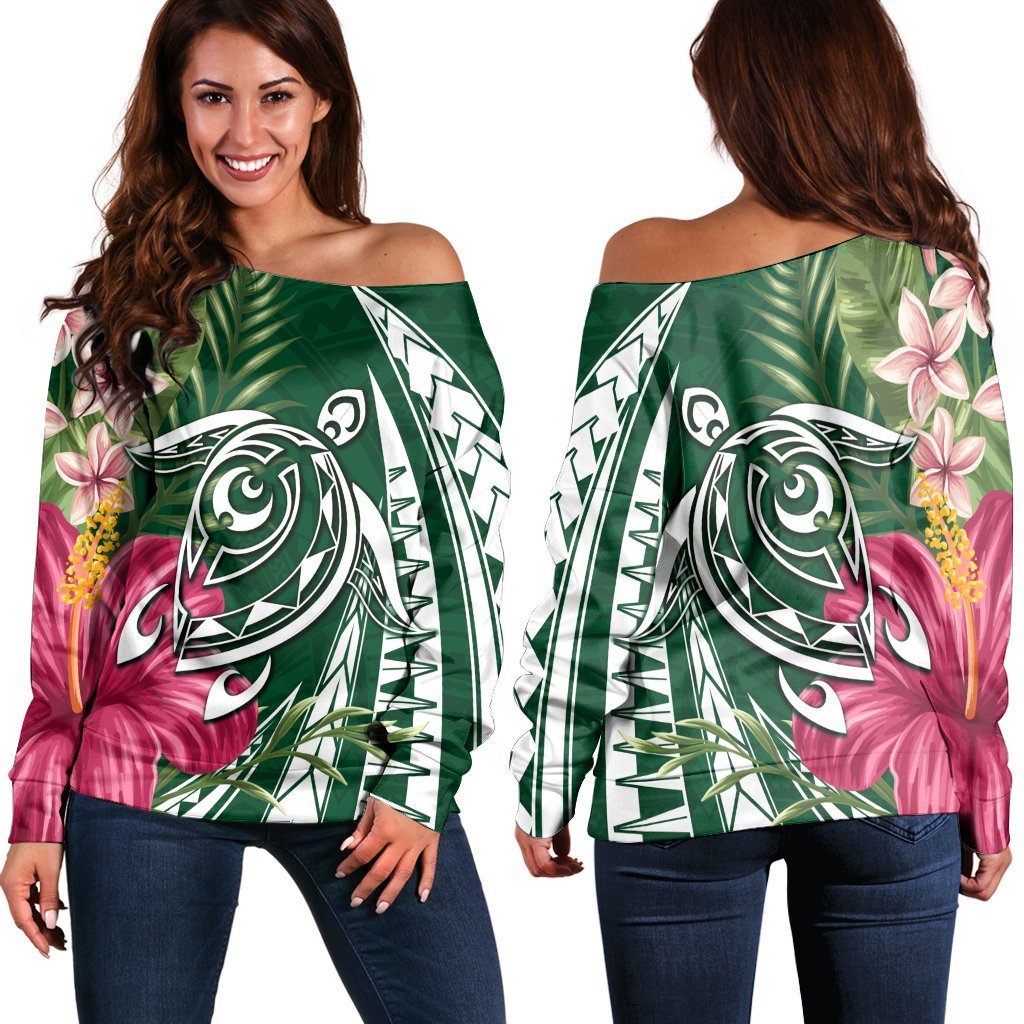 Hawaii Polynesian Turtle Tropical Hibiscus Plumeria Women's Off Shoulder Sweater - Green - AH Black - Polynesian Pride