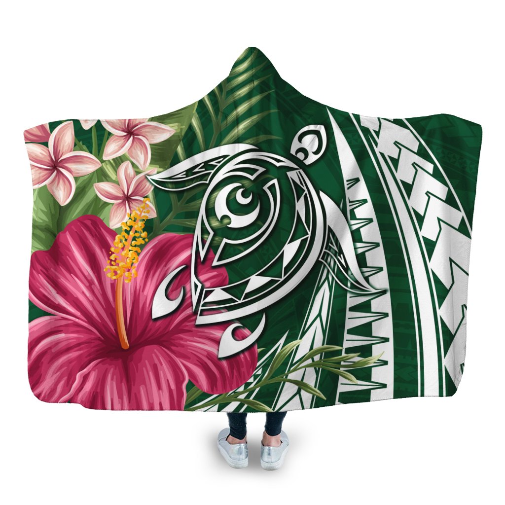 Hawaii Polynesian Turtle Tropical Hibiscus Plumeria Hooded Blanket - Green - AH Hooded Blanket White - Polynesian Pride