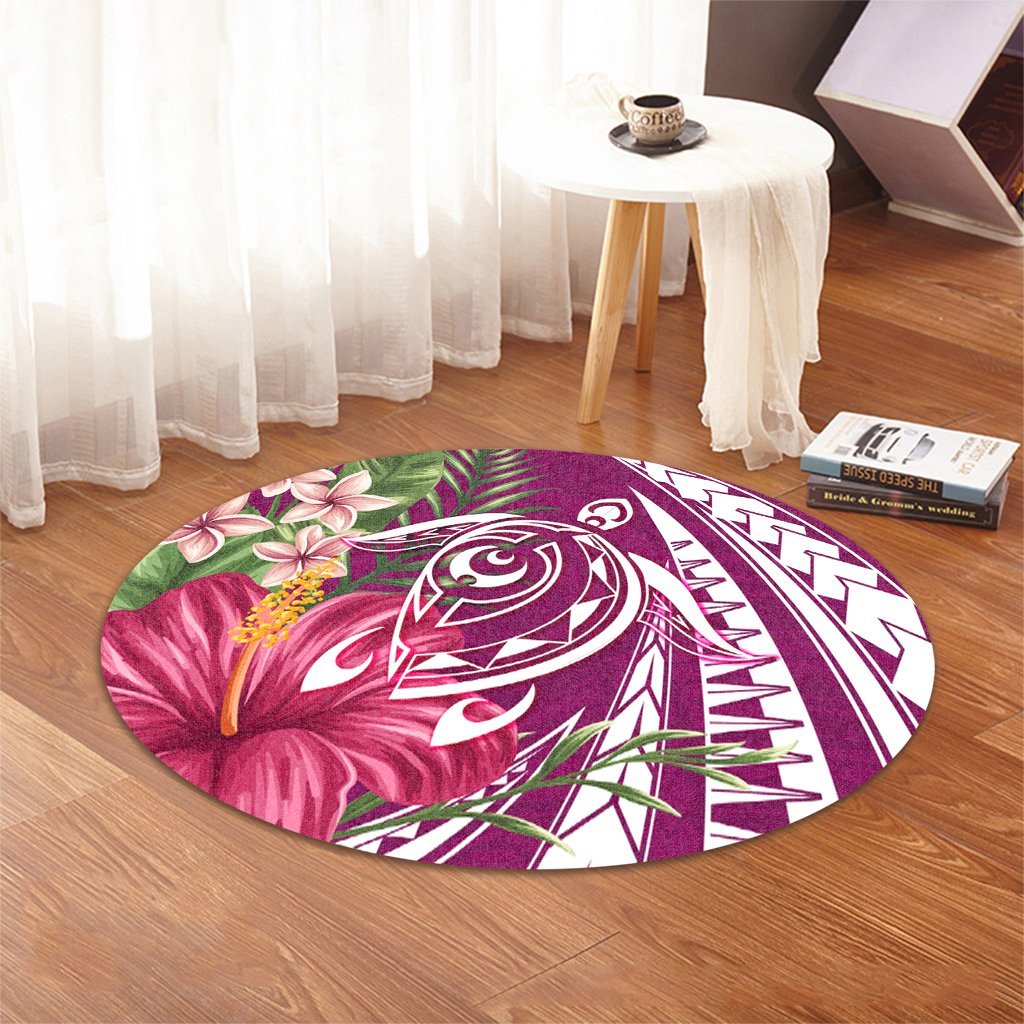 Hawaii Polynesian Turtle Tropical Hibiscus Plumeria Round Carpet - Pink - AH - Polynesian Pride