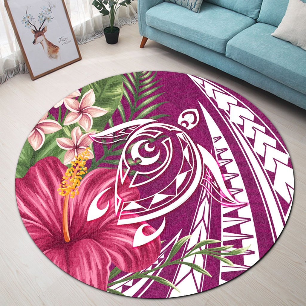Hawaii Polynesian Turtle Tropical Hibiscus Plumeria Round Carpet - Pink - AH - Polynesian Pride