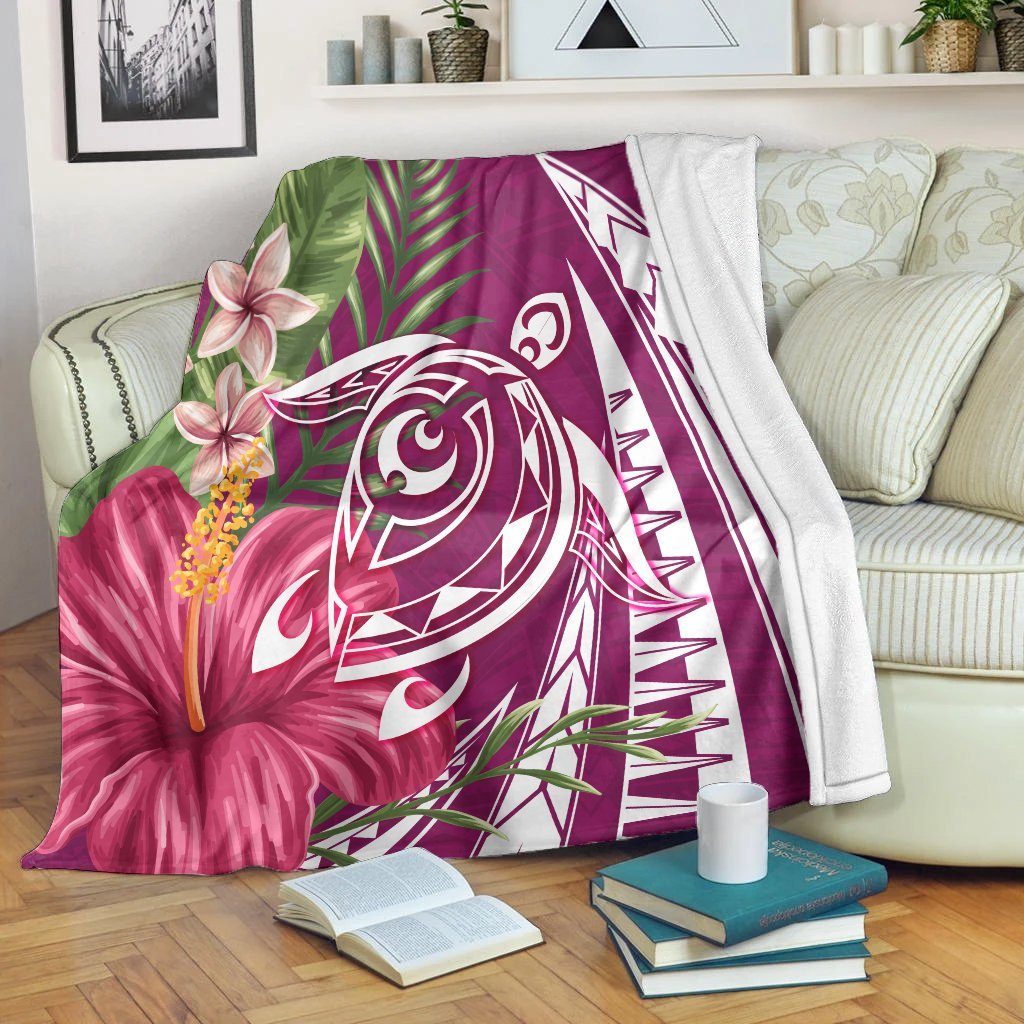 Hawaii Polynesian Turtle Tropical Hibiscus Plumeria Premium Blankets - Pink - AH White - Polynesian Pride