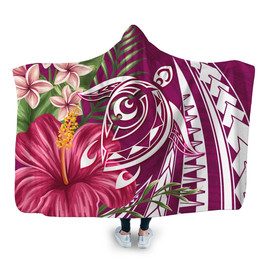 Hawaii Polynesian Turtle Tropical Hibiscus Plumeria Hooded Blanket - Pink - AH Hooded Blanket White - Polynesian Pride