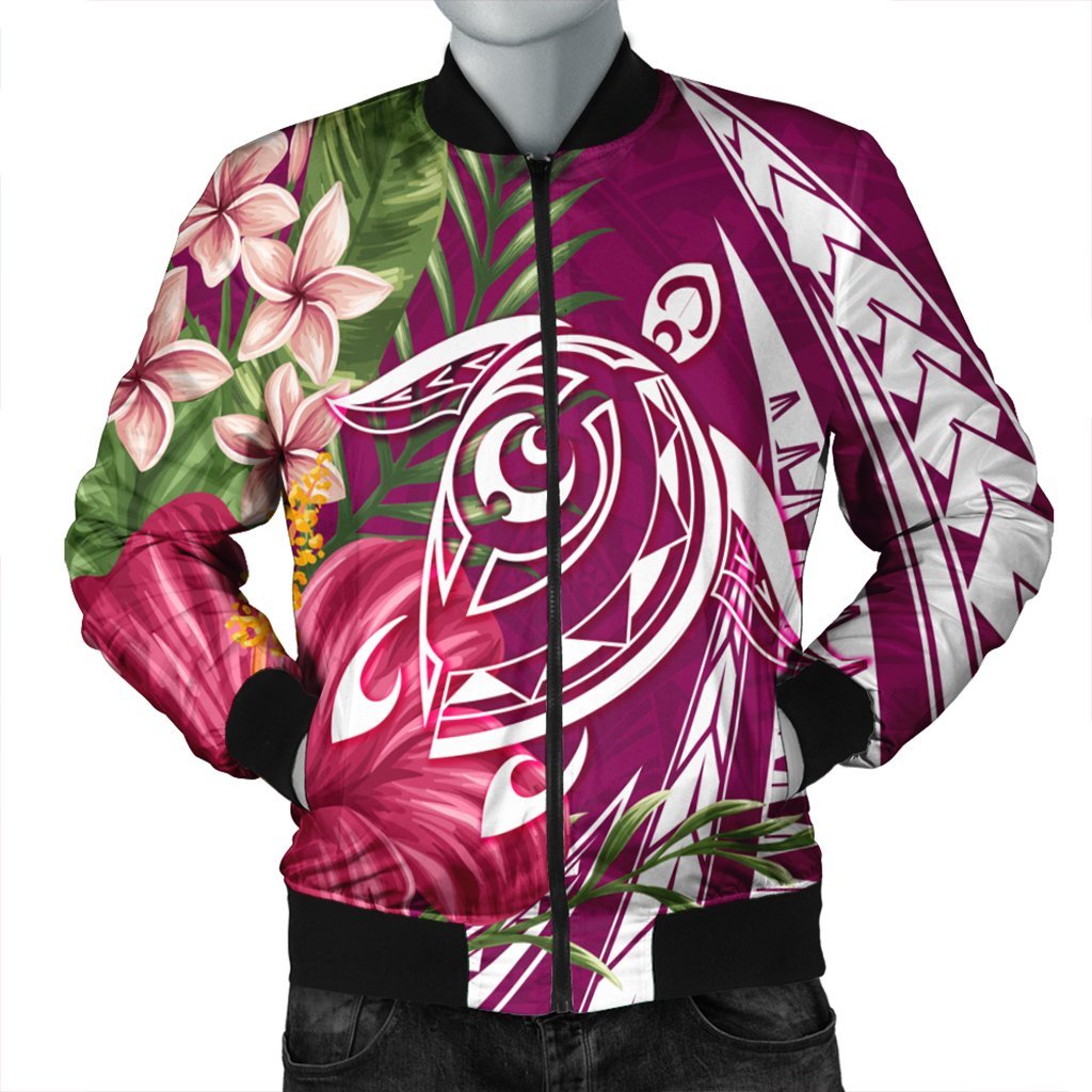 Hawaii Polynesian Turtle Tropical Hibiscus Plumeria Bomber Jacket - Pink - AH Black Unisex - Polynesian Pride