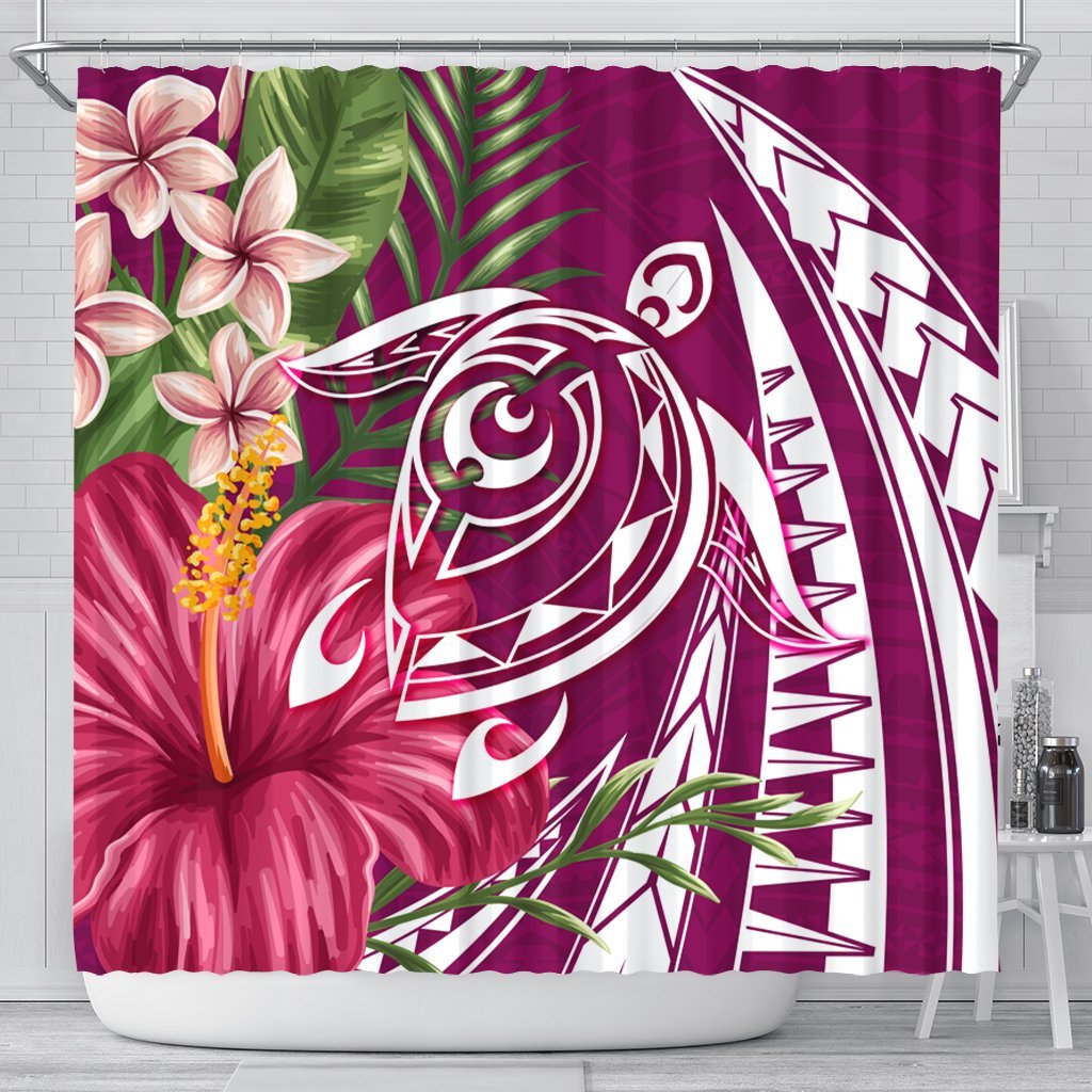 Hawaii Polynesian Turtle Tropical Hibiscus Plumeria Shower Curtain - Pink - AH 177 x 172 (cm) Black - Polynesian Pride