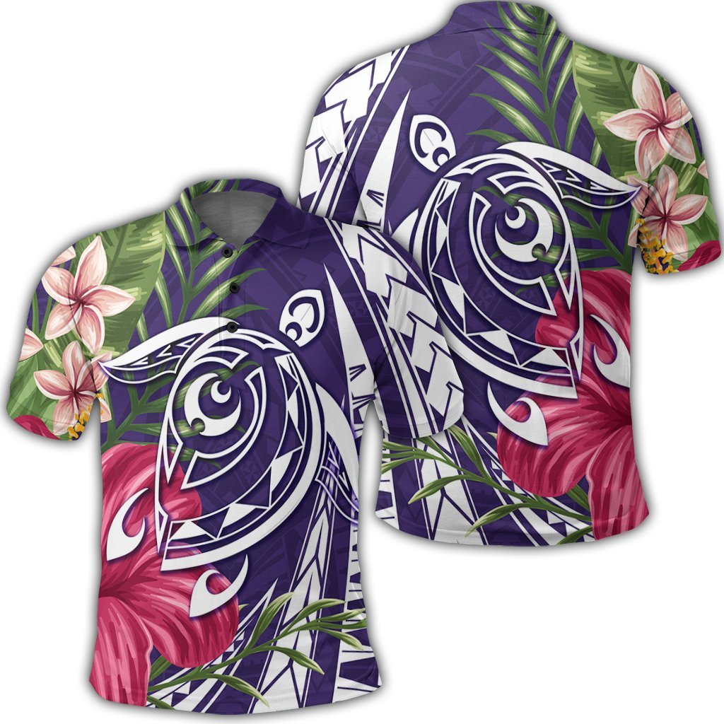 Hawaii Polynesian Turtle Tropical Hibiscus Plumeria Polo Shirt Purple Unisex Black - Polynesian Pride