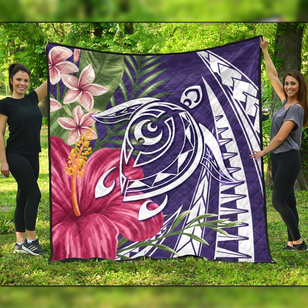 Hawaii Polynesian Turtle Tropical Hibiscus Plumeria Premium Quilts - Purple - AH Black - Polynesian Pride