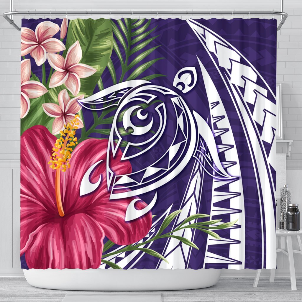 Hawaii Polynesian Turtle Tropical Hibiscus Plumeria Shower Curtain - Purple - AH 177 x 172 (cm) Black - Polynesian Pride