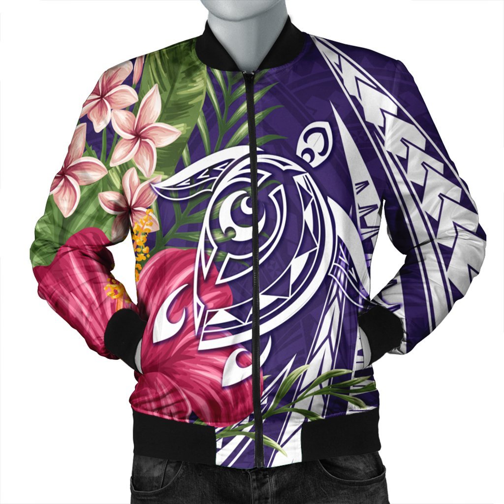 Hawaii Polynesian Turtle Tropical Hibiscus Plumeria Bomber Jacket - Purple - AH Black Unisex - Polynesian Pride