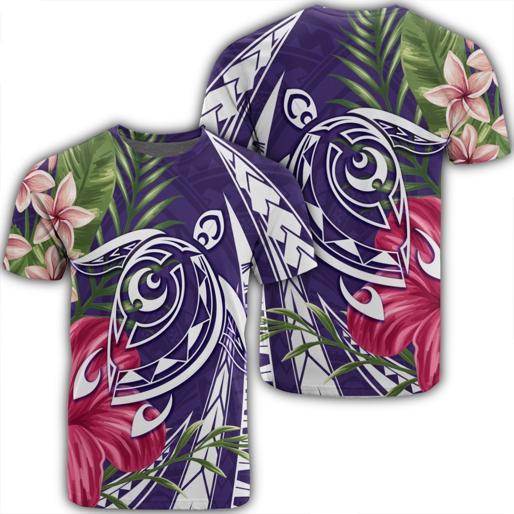 Hawaii Polynesian Turtle Tropical Hibiscus Plumeria T Shirt Purple Unisex Black - Polynesian Pride