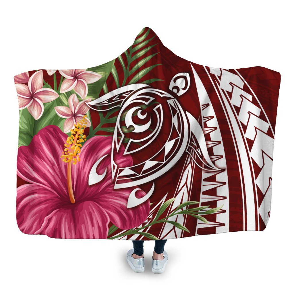 Hawaii Polynesian Turtle Tropical Hibiscus Plumeria Hooded Blanket - Red - AH Hooded Blanket White - Polynesian Pride