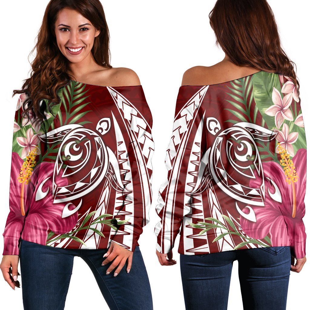 Hawaii Polynesian Turtle Tropical Hibiscus Plumeria Women's Off Shoulder Sweater - Red - AH Black - Polynesian Pride