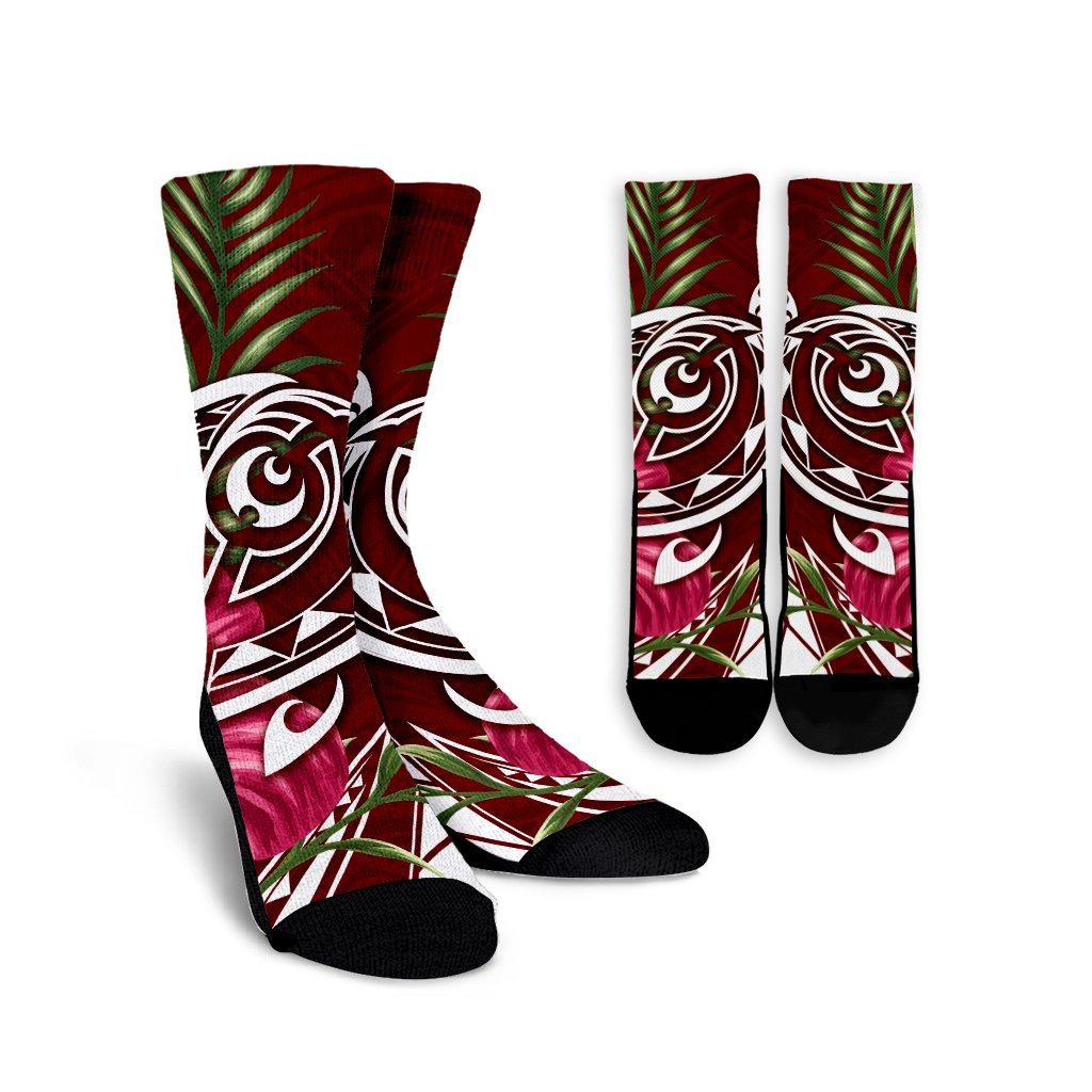 Hawaii Polynesian Turtle Tropical Hibiscus Plumeria Crew Socks - Red - AH Crew Socks White - Polynesian Pride